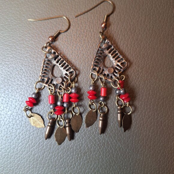 Bohemian Style Dangle Earrings Red Beads Bronze Leaf Charms Tribal - Picture 5 of 6